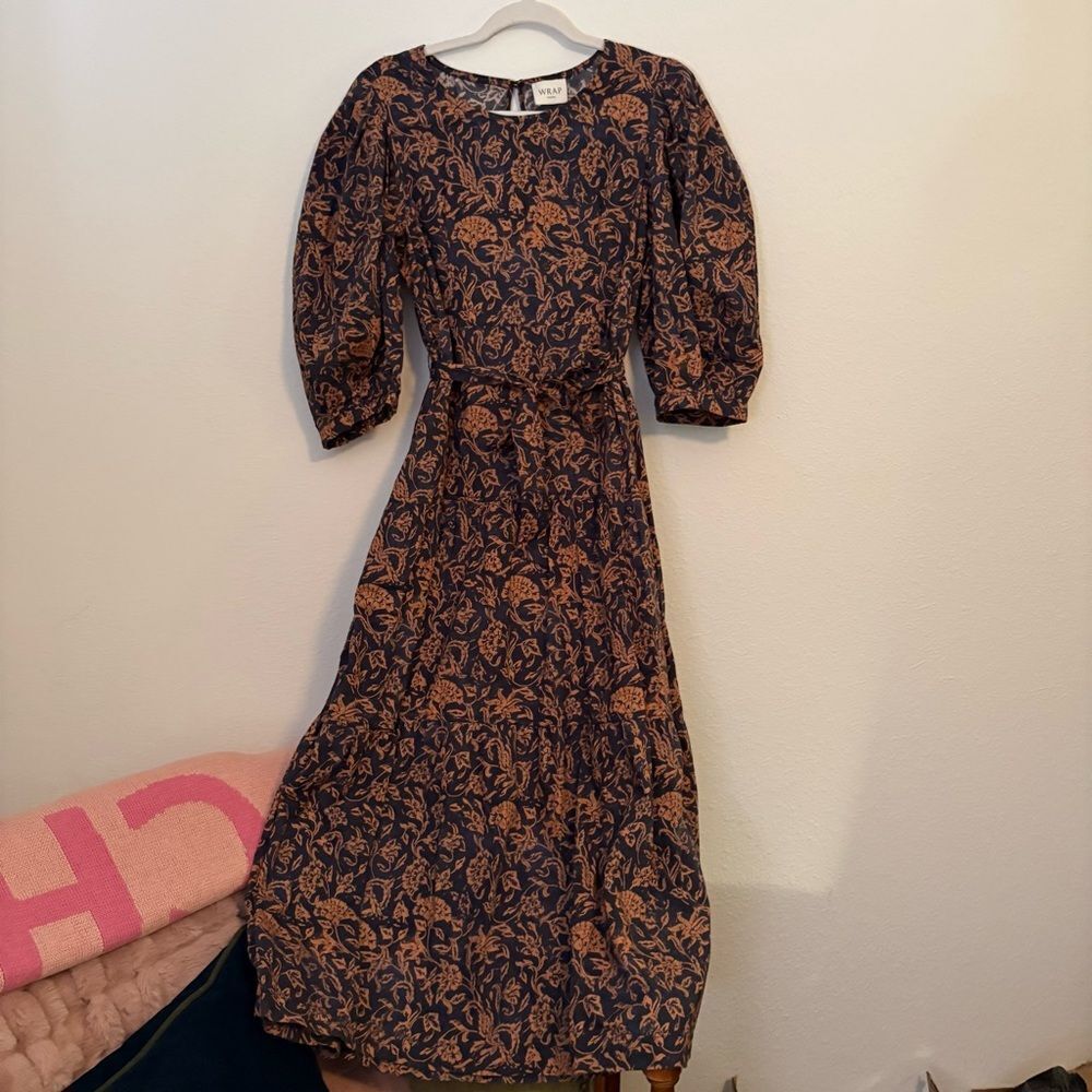 WRAP LONDON Puff Sleeve Feathers & Floral Printed Cotton Midi Dress Sz 8